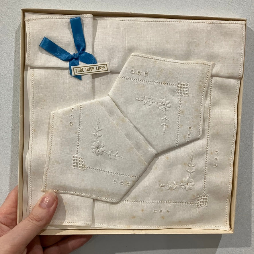 Vintage linen lace handkerchiefs in box with genuine age spots