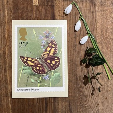 Vintage postcard with first day issue stamps | Chequered Skipper butterfly | Butterflies by Gordon Beningfield | 25p stamp 1981