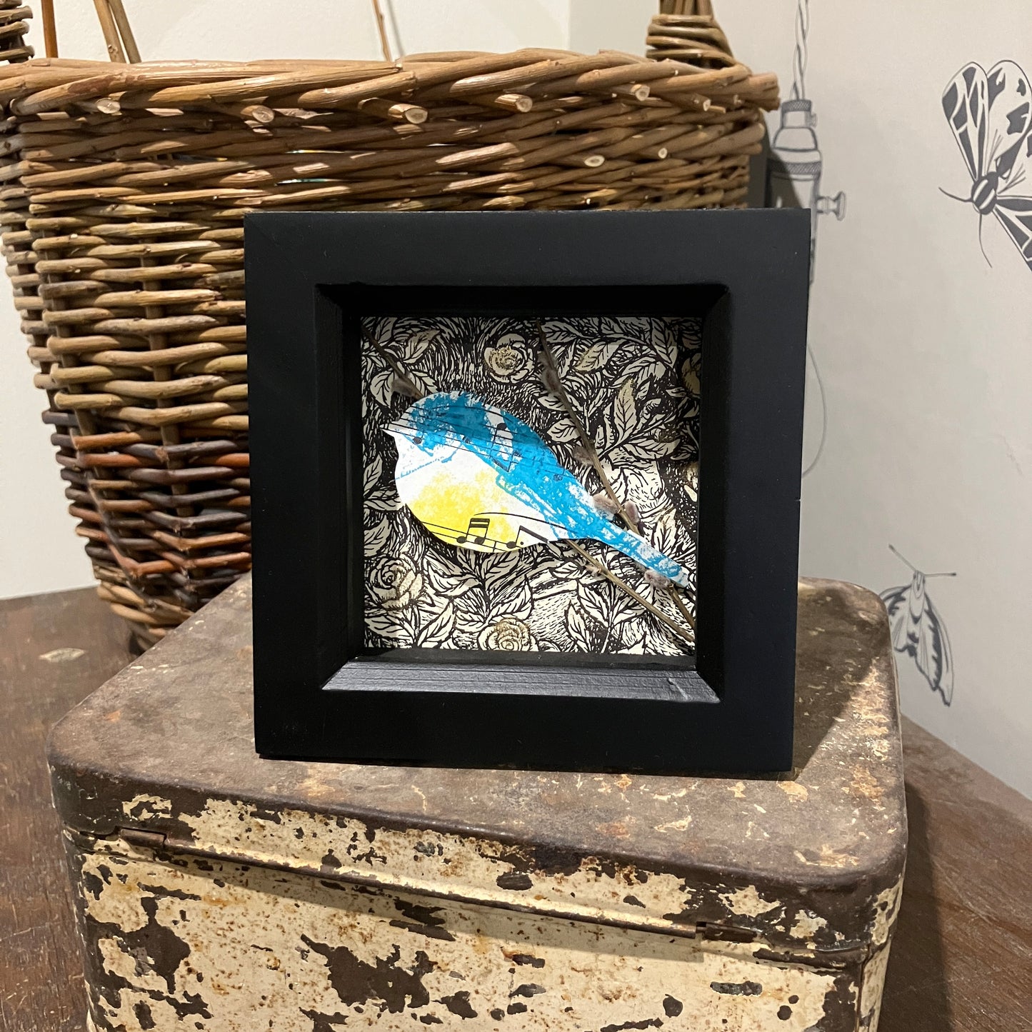 Bird paper cut outs on recycled music paper - 10 x bluetits