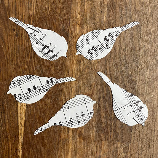 Bird paper cut outs on recycled music paper - 10 x bluetits